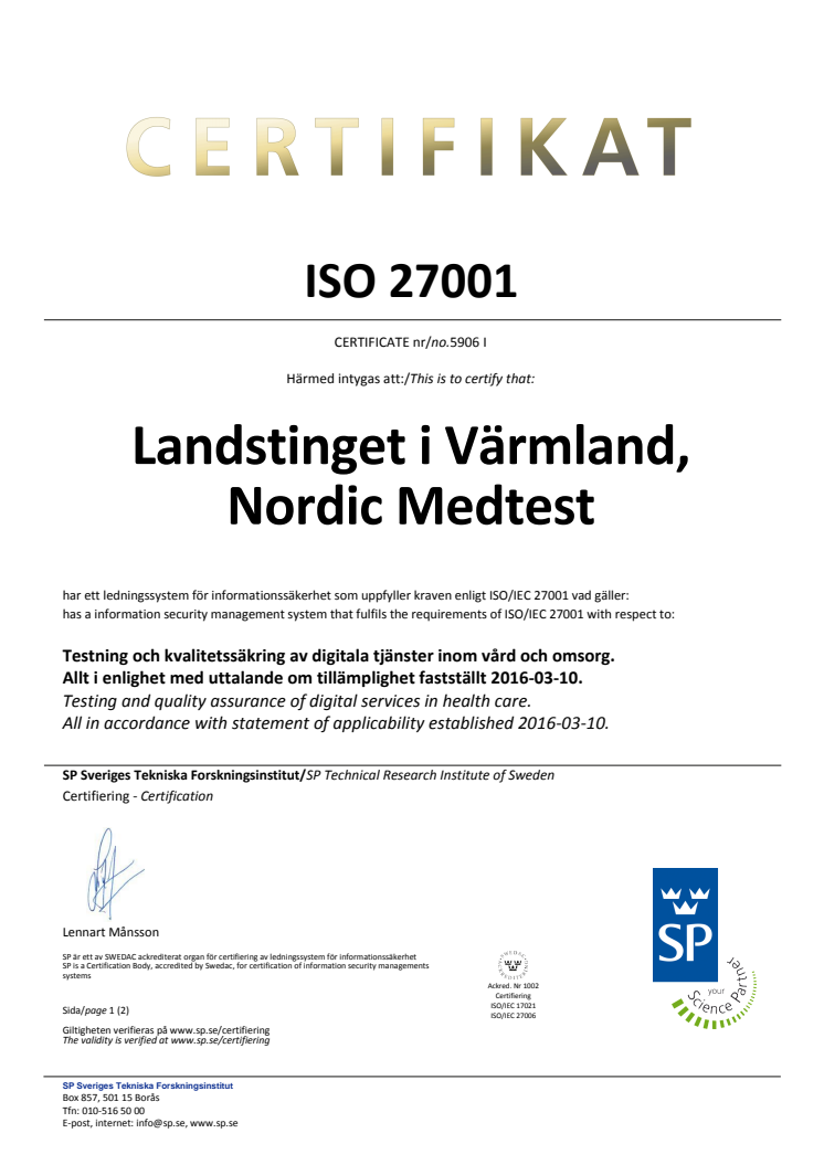 ISO 27001 Certifikat Nordic Medtest
