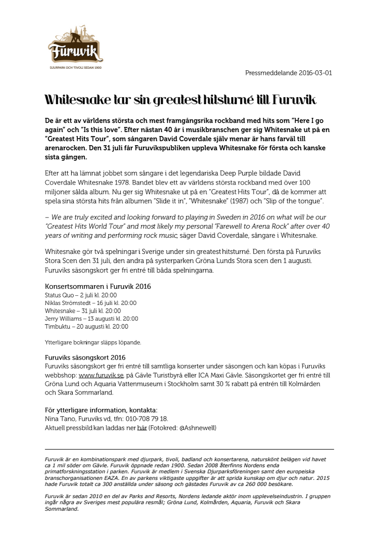 Whitesnake tar sin greatest hitsturné till Furuvik