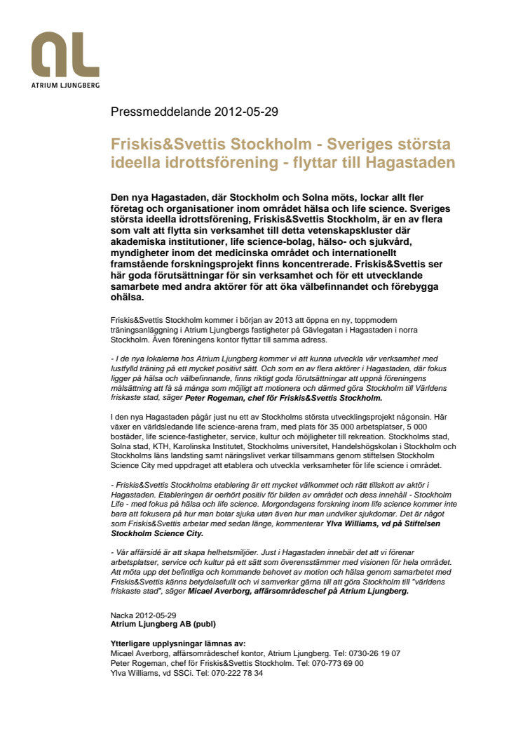 Friskis&Svettis Stockholm - Sveriges största ideella idrottsförening - flyttar till Hagastaden
