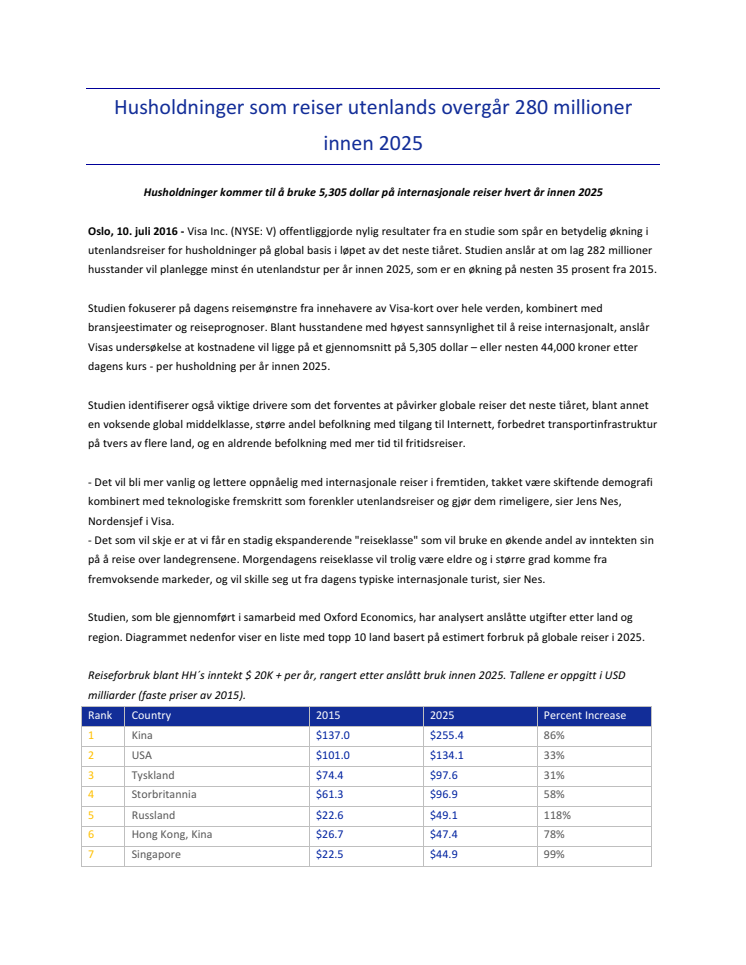 Husholdninger som reiser utenlands overgår 280 millioner innen 2025