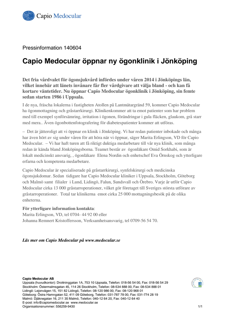 Capio Medocular öppnar ny ögonklinik i Jönköping
