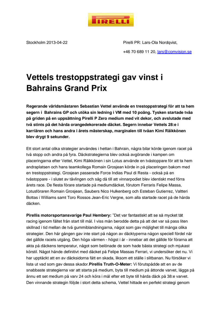 Vettels trestoppstrategi gav vinst i Bahrains Grand Prix