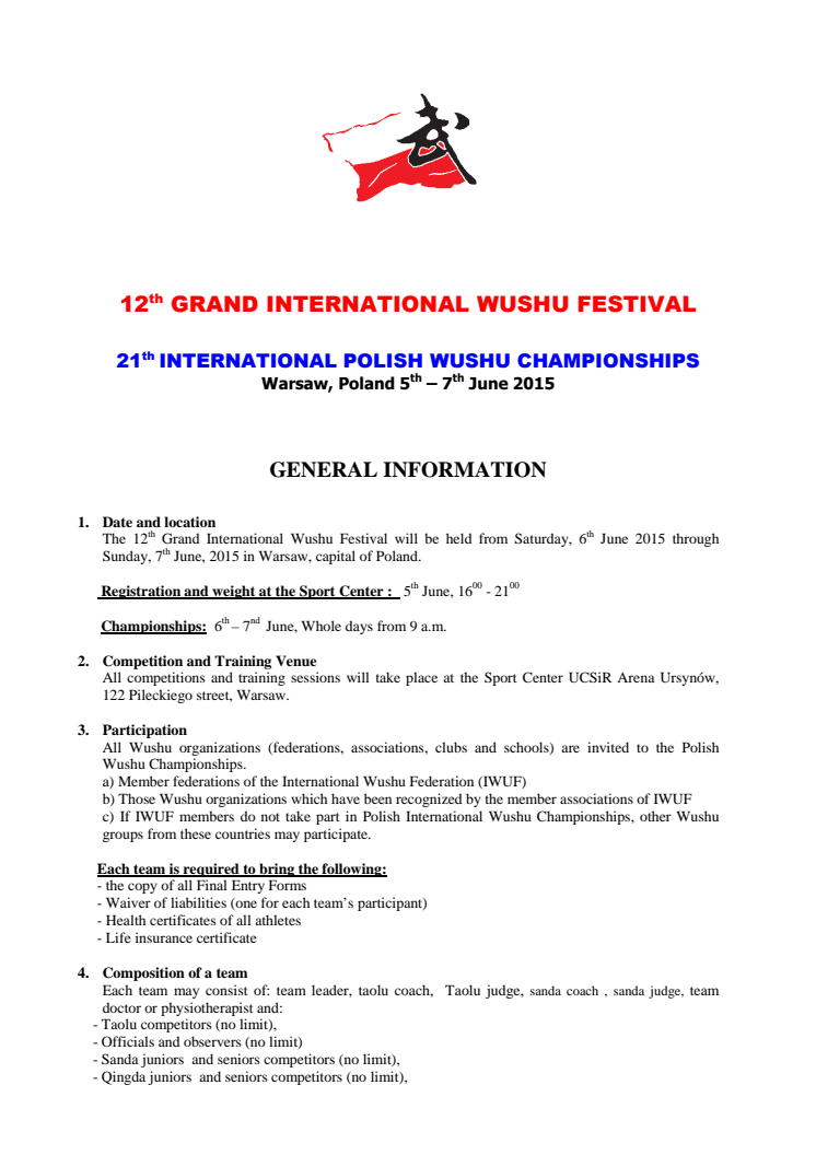 invitasjon til Internasjonal Wushu festival i Polen 5.-7. juni 