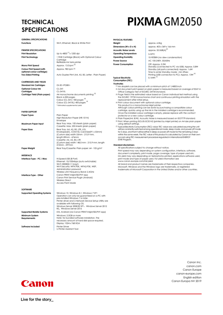 PIXMA GM2050 spec sheet