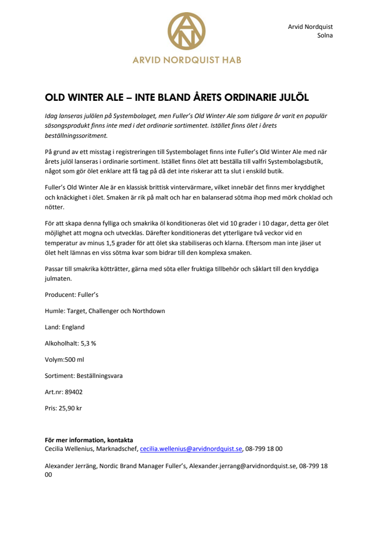 Old Winter Ale – inte bland årets ordinarie julöl