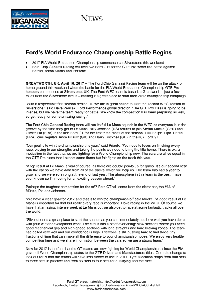 MOTORSPORT: Ford’s World Endurance Championship Battle Begins 