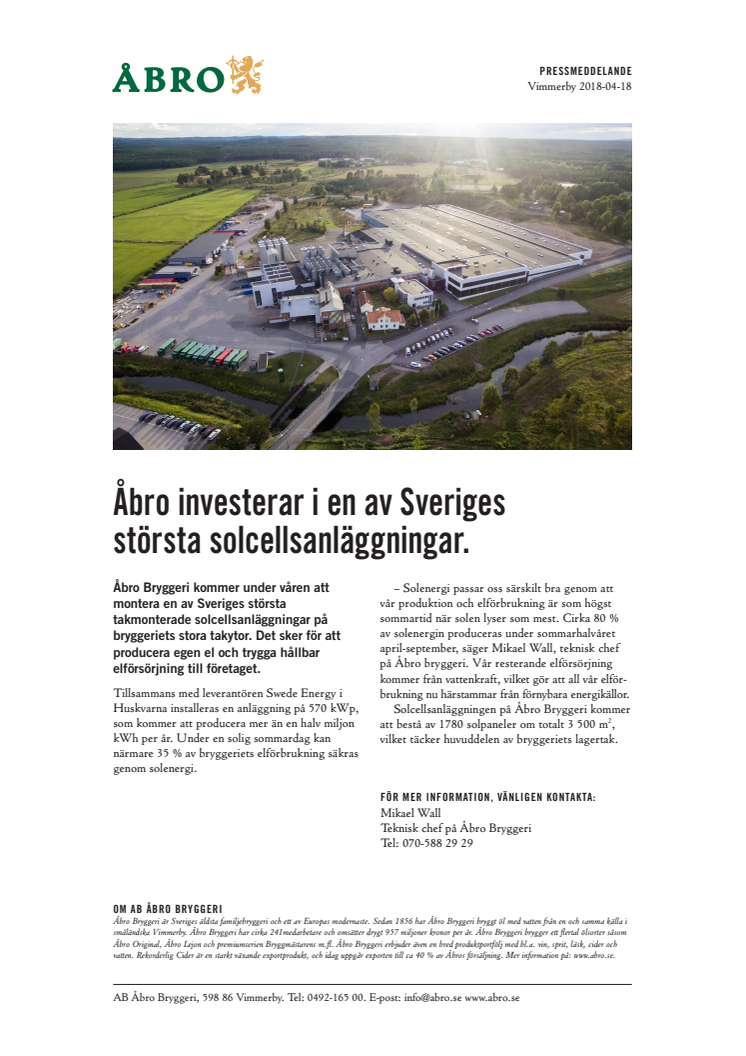 Åbro investerar i en av Sveriges största solcellsanläggningar