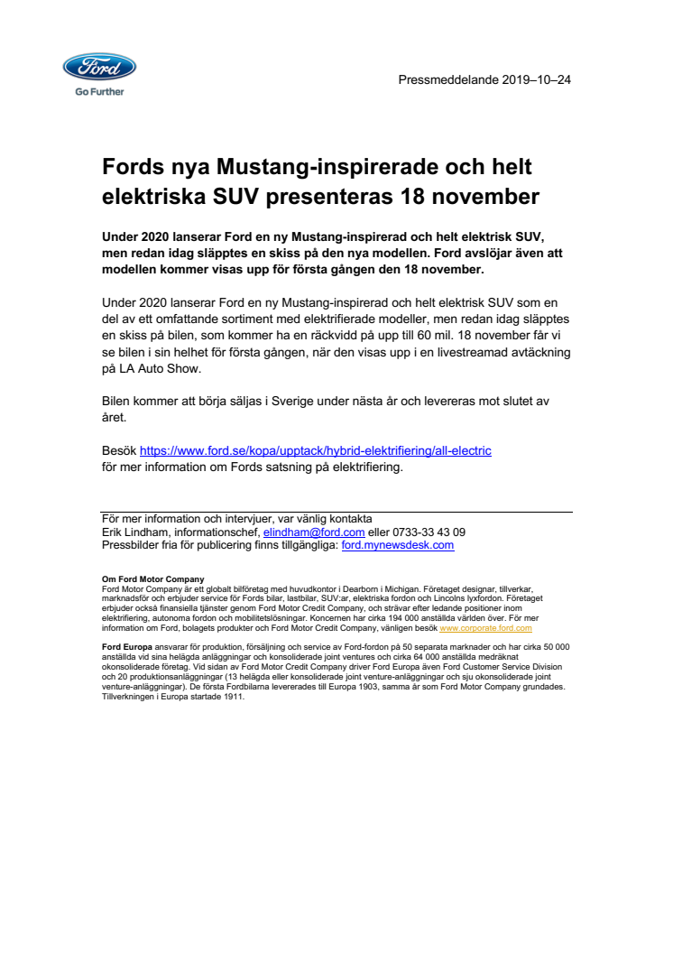 Fords nya Mustang-inspirerade och helt elektriska SUV presenteras 18 november