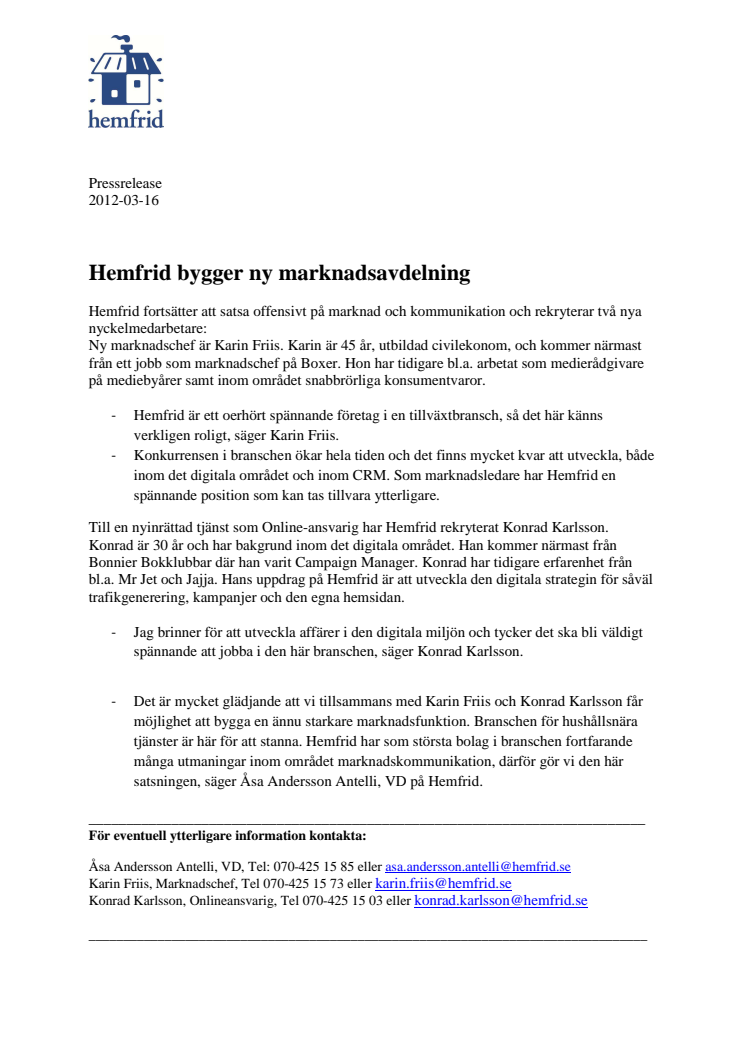 Hemfrid bygger ny marknadsavdelning