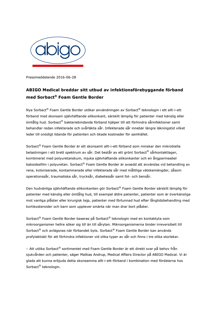 ABIGO Medical breddar sitt utbud av infektionsförebyggande förband med Sorbact® Foam Gentle Border