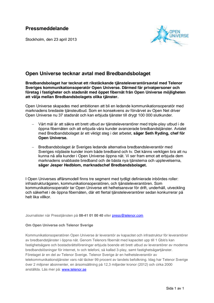 Open Universe tecknar avtal med Bredbandsbolaget