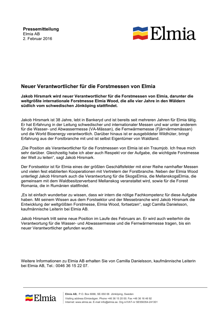 Neuer Verantwortlicher für die Forstmessen von Elmia, Pressemitteilung, German version