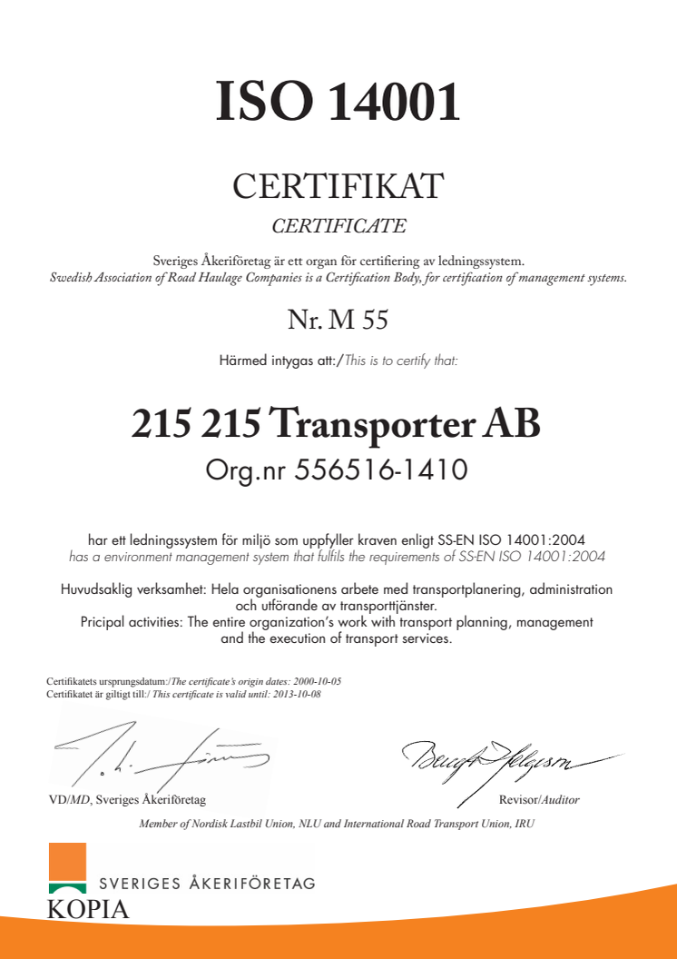 En av 215215 Transporters Miljö certifikat