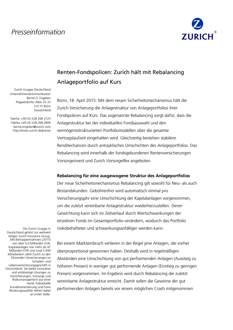 Renten-Fondspolicen: Zurich hält mit Rebalancing Anlageportfolio auf Kurs