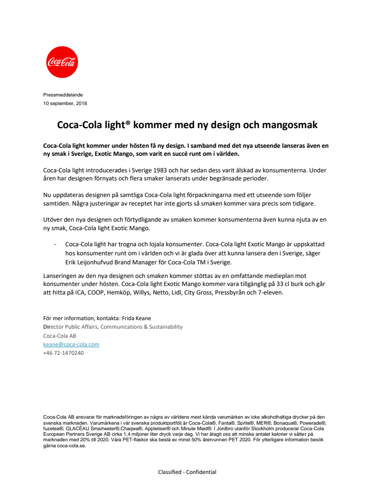 Coca-Cola light® kommer med ny design och mangosmak