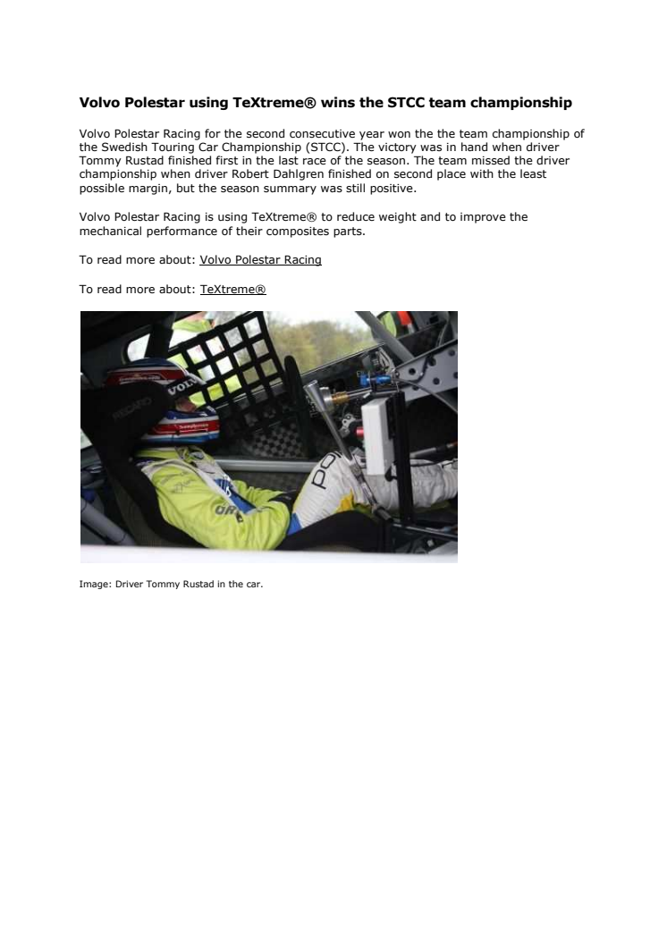 Volvo Polestar using TeXtreme® wins the STCC team championship