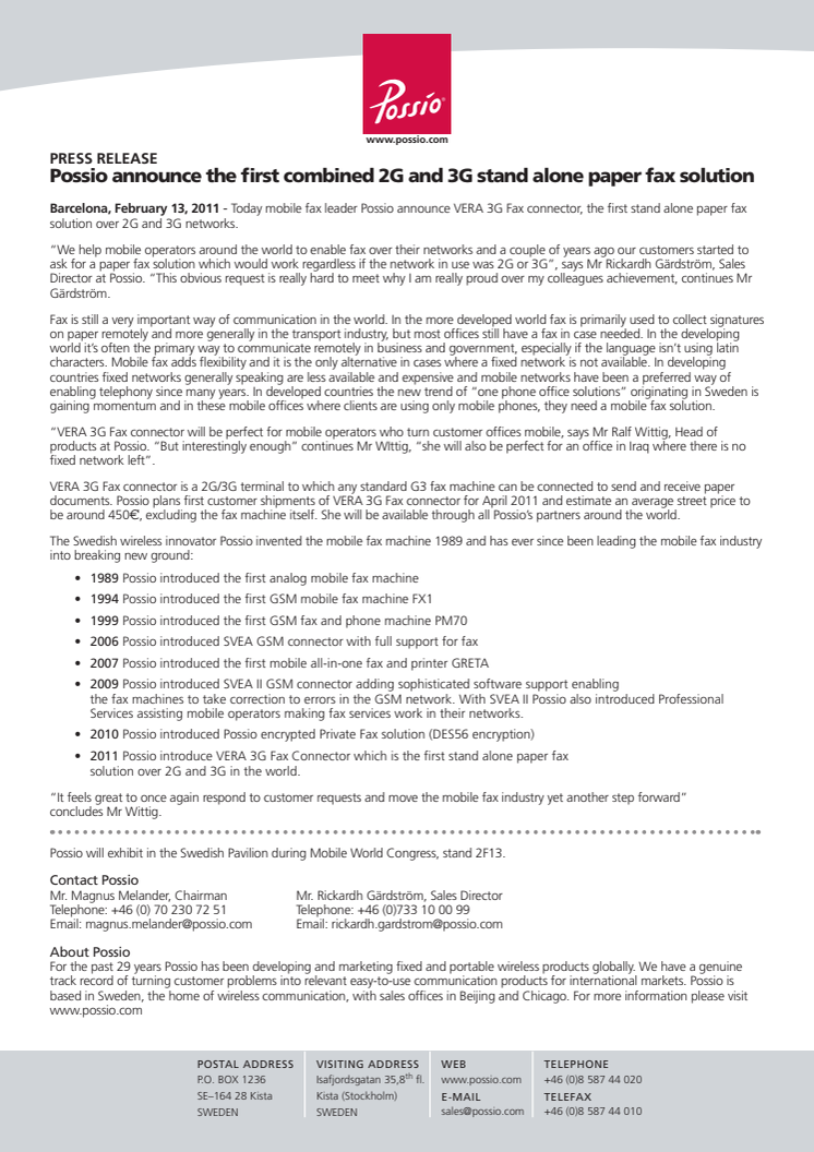 Possio announce the first combined 2G and 3G stand alone paper fax solution