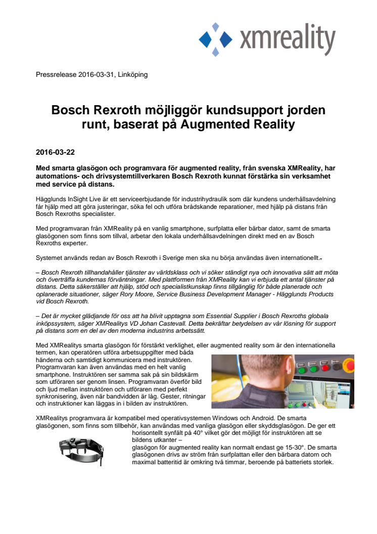 Bosch Rexroth möjliggör kundsupport jorden runt, baserat på Augmented Reality