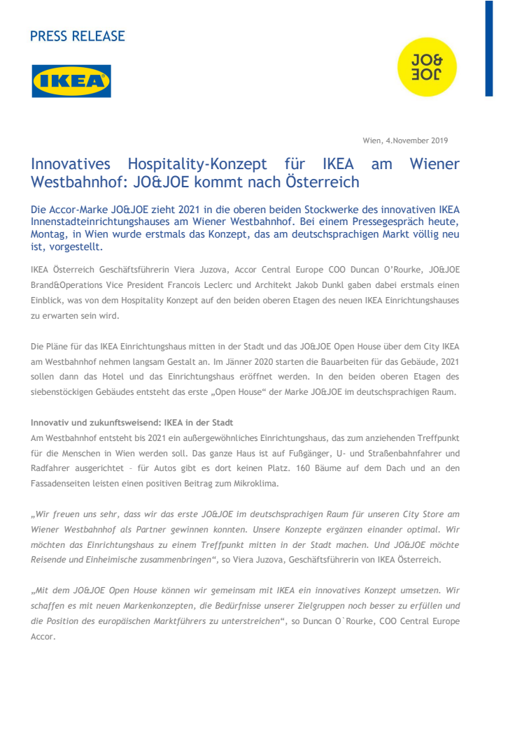 Innovatives Hospitality-Konzept für IKEA am Wiener Westbahnhof: JO&JOE kommt nach Österreich