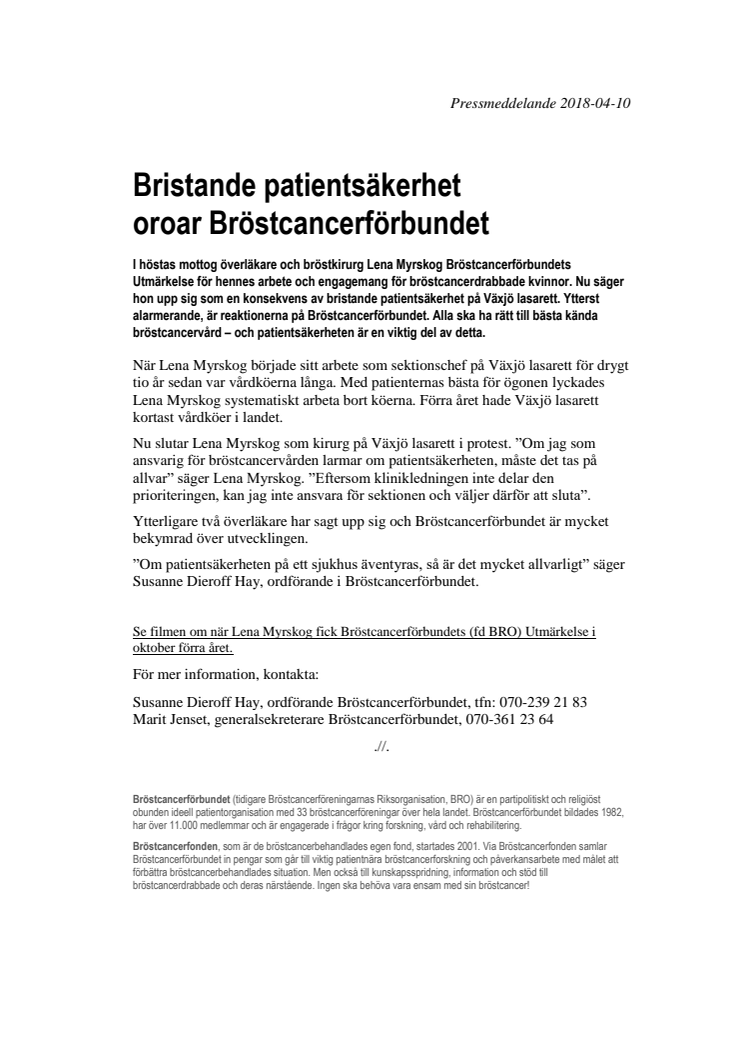 Bristande patientsäkerhet oroar Bröstcancerförbundet