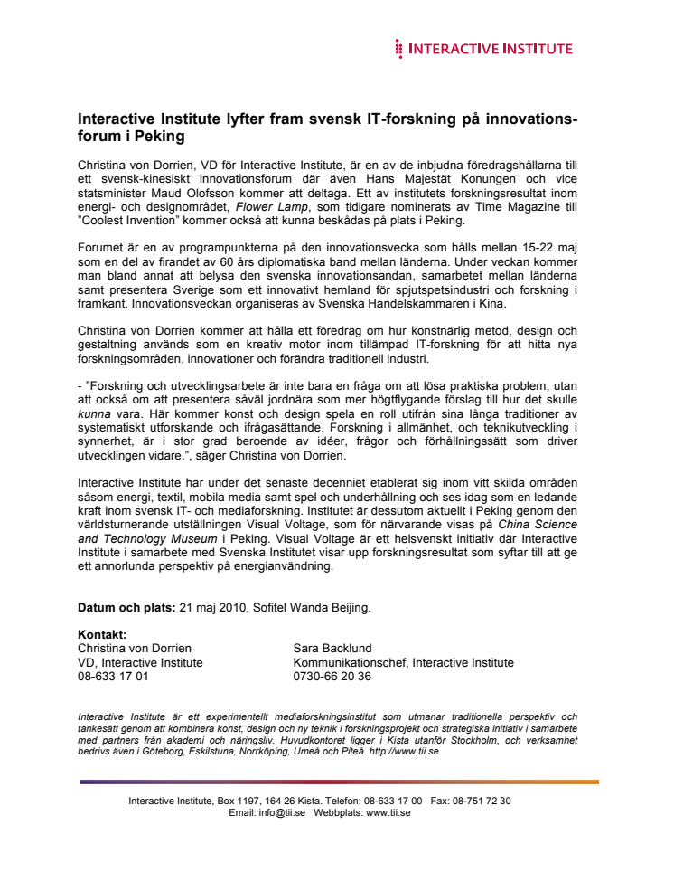Interactive Institute lyfter fram svensk IT-forskning på innovationsforum i Peking 