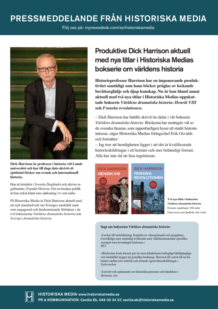 Produktive Dick Harrison aktuell  med nya titlar i Historiska Medias  bokserie om världens historia