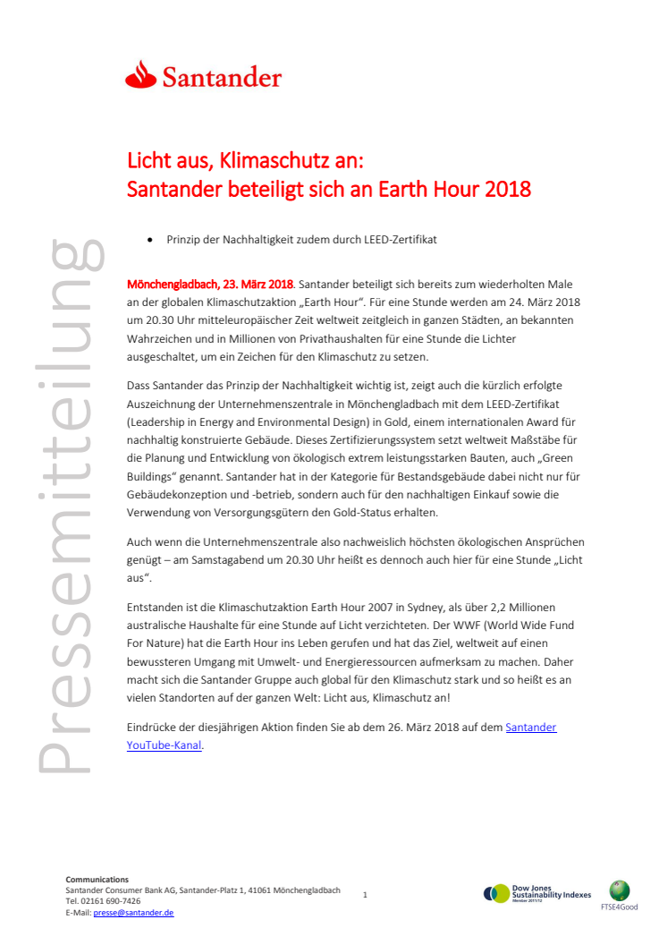 Licht aus, Klimaschutz an: Santander beteiligt sich an Earth Hour 2018