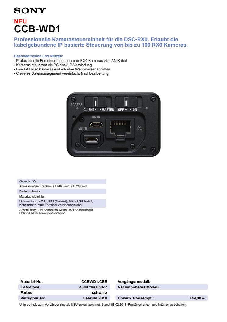 Datenblatt DSC-RX0 Kamerasteuereinheit CCB-WD1 von Sony