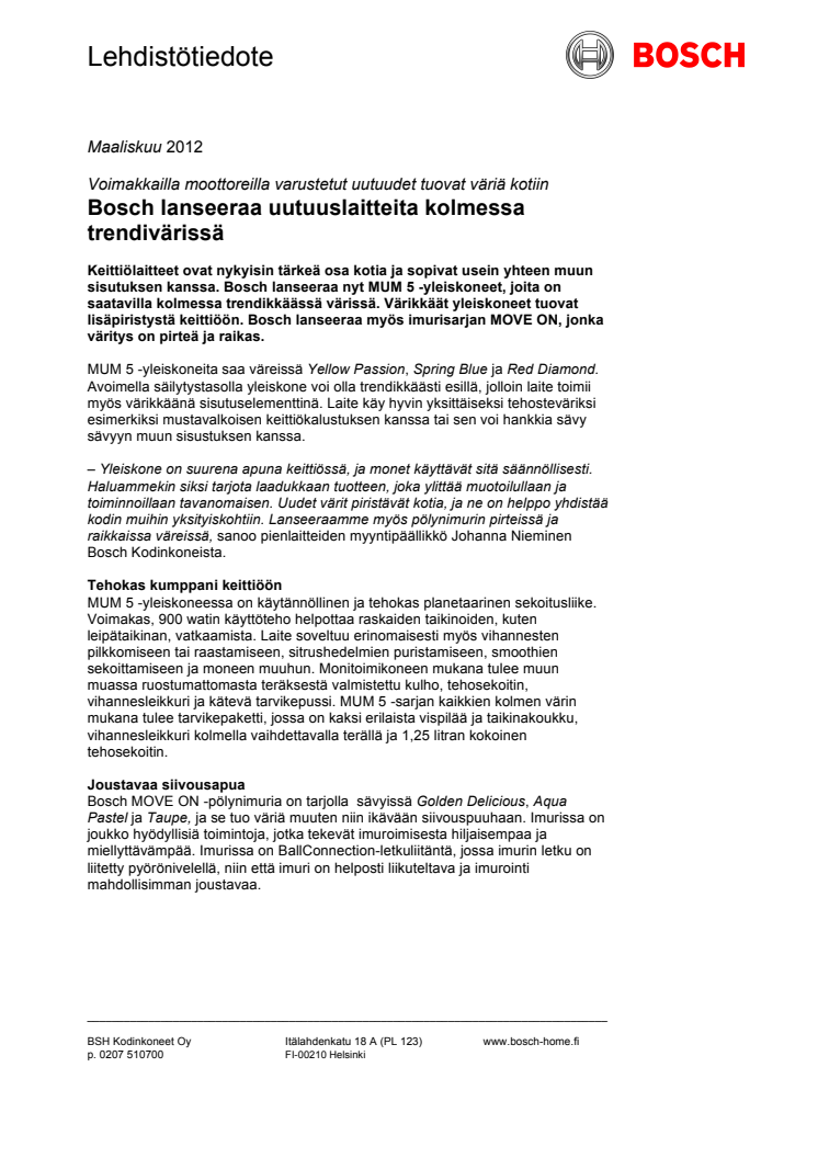 Bosch lanseeraa uutuuslaitteita kolmessa trendivärissä