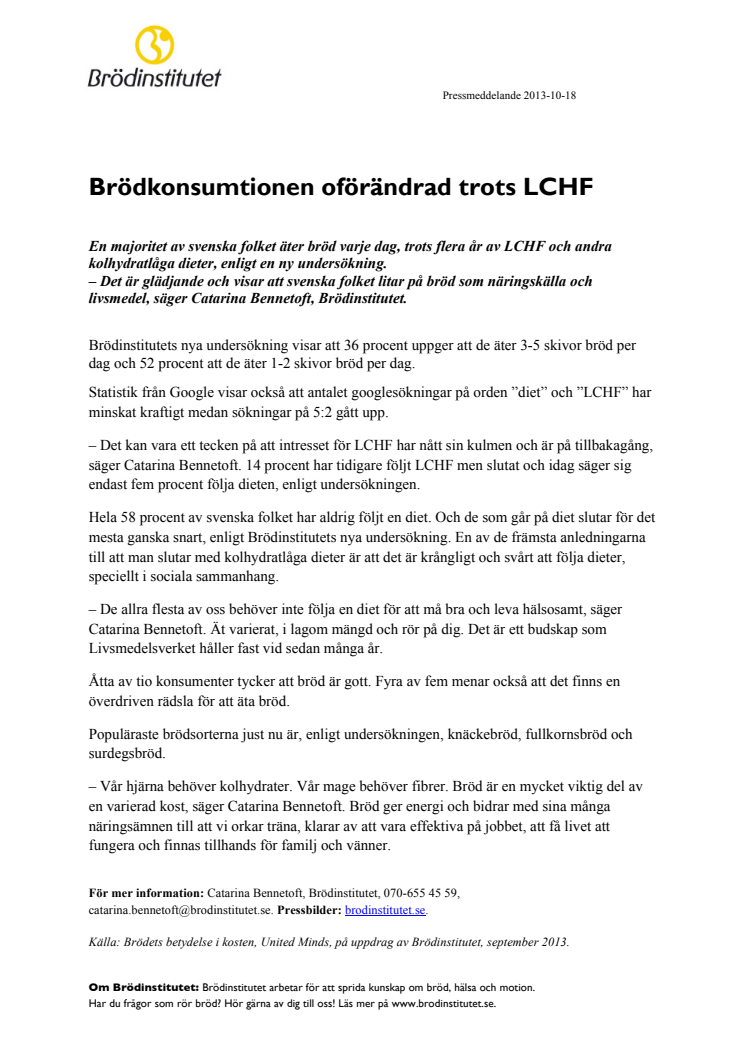 Brödkonsumtionen oförändrad trots LCHF