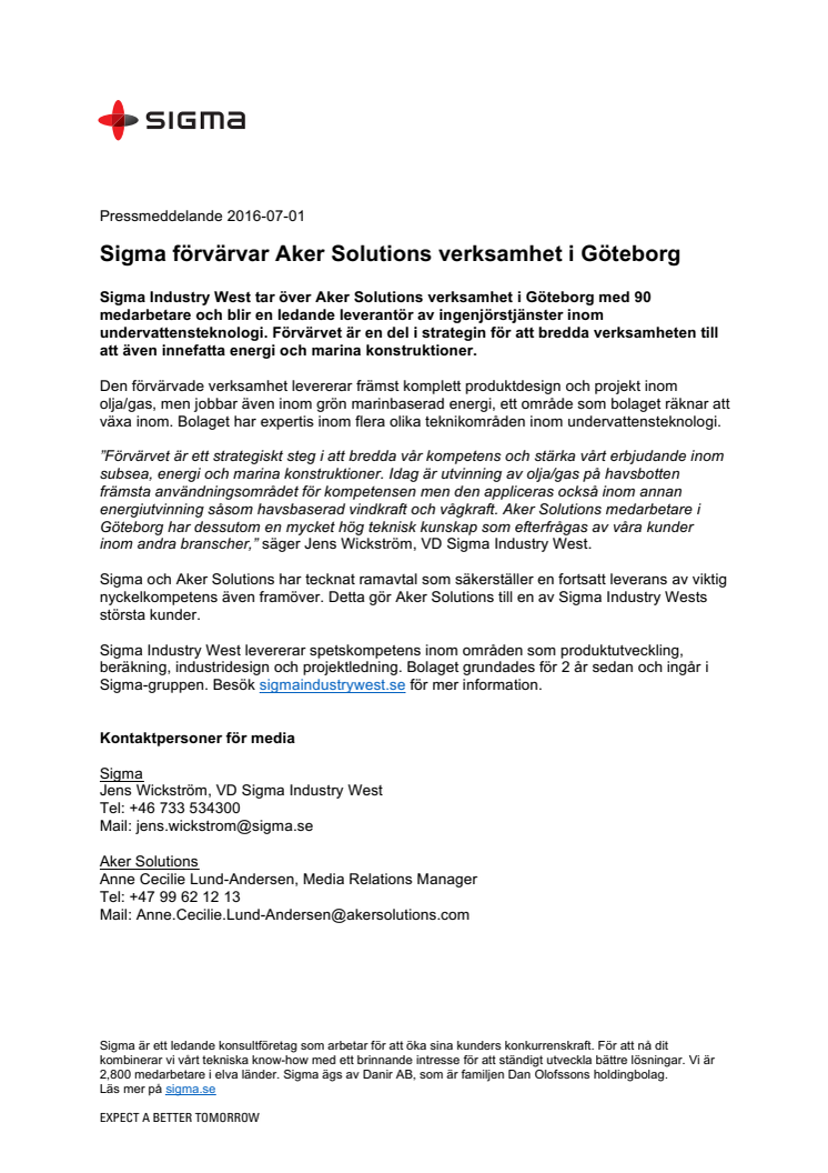 Sigma förvärvar Aker Solutions verksamhet i Göteborg