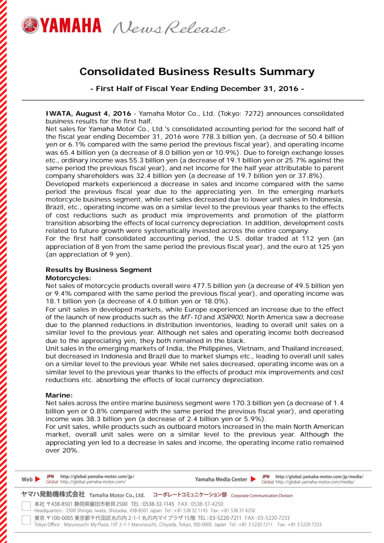 Consolidated Business Results Summary - First Half of Fiscal Year Ending December 31, 2016 -