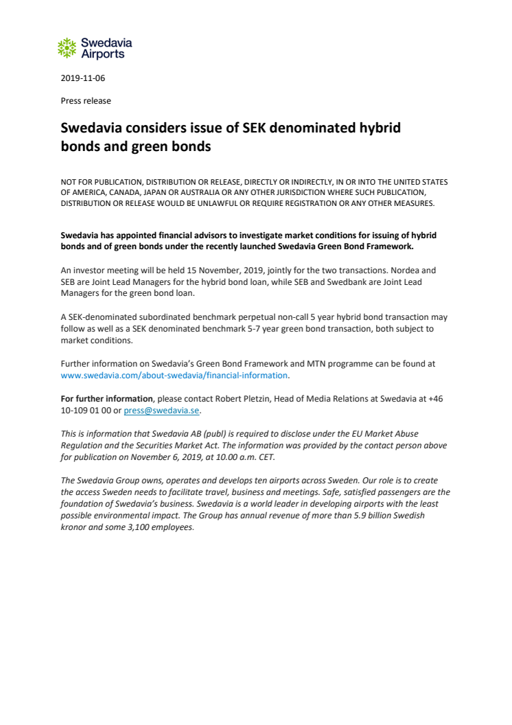 Swedavia considers issue of SEK denominated hybrid bonds and green bonds