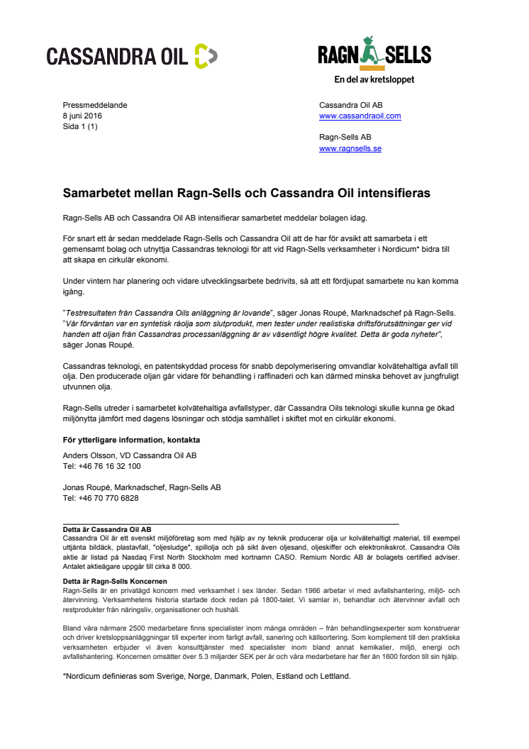 Pressmeddelande: ​Samarbetet mellan Ragn-Sells och Cassandra Oil intensifieras