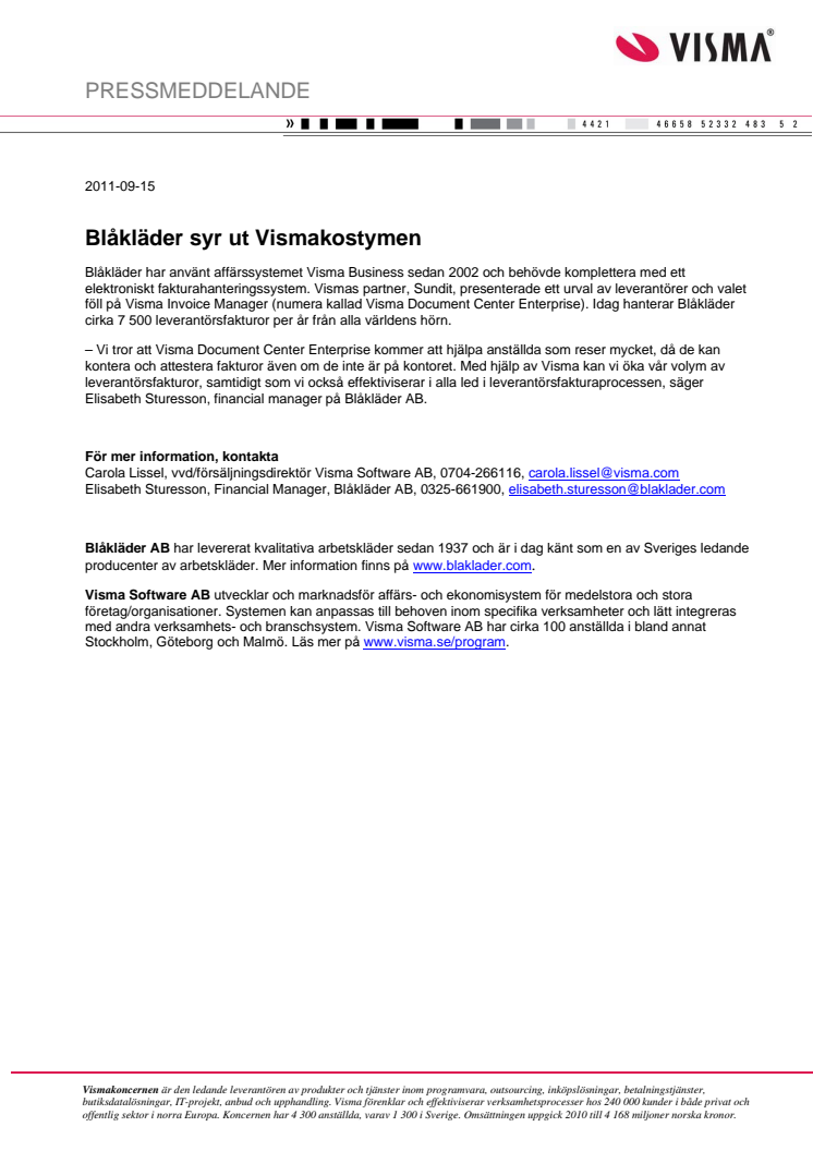 Blåkläder syr ut Vismakostymen