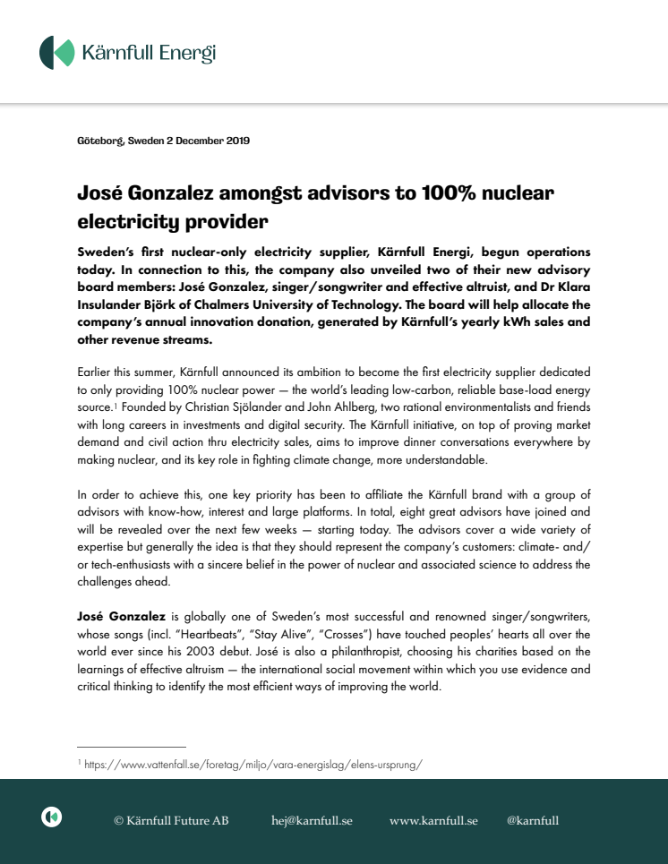 José Gonzalez amongst advisors to 100% nuclear electricity provider