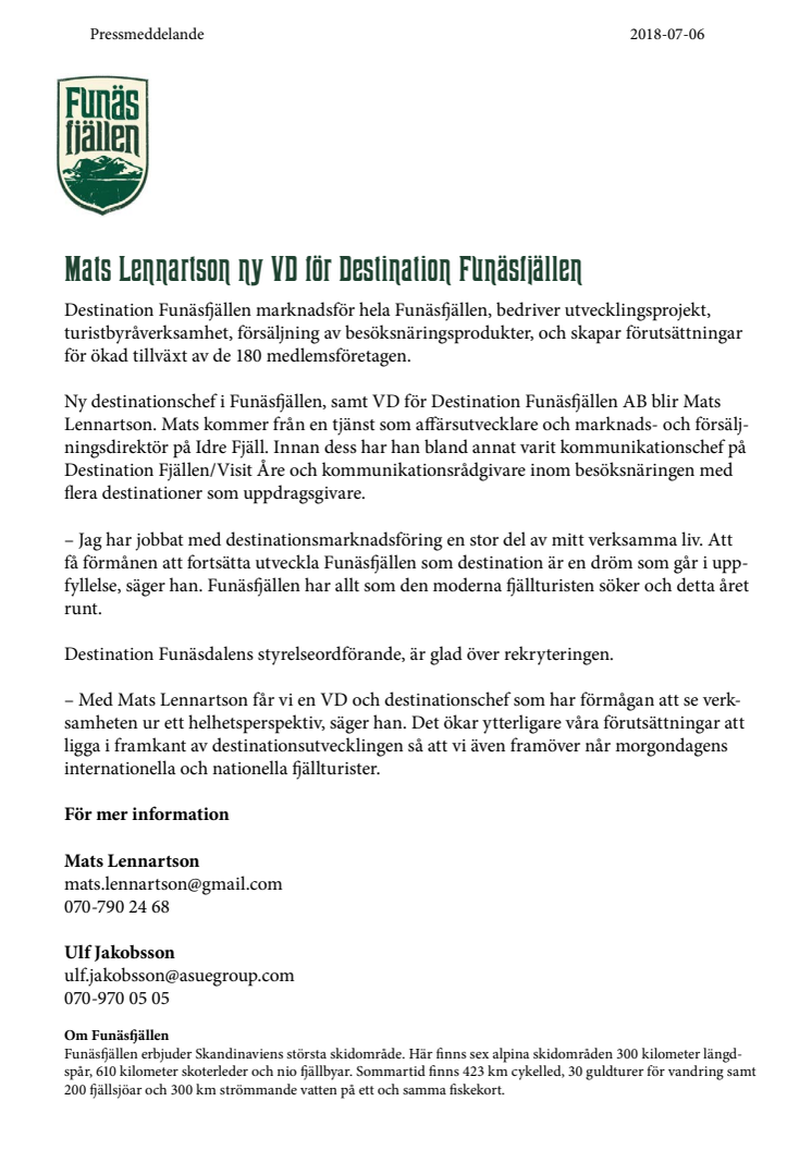 Mats Lennartson ny VD för Destination Funäsfjällen