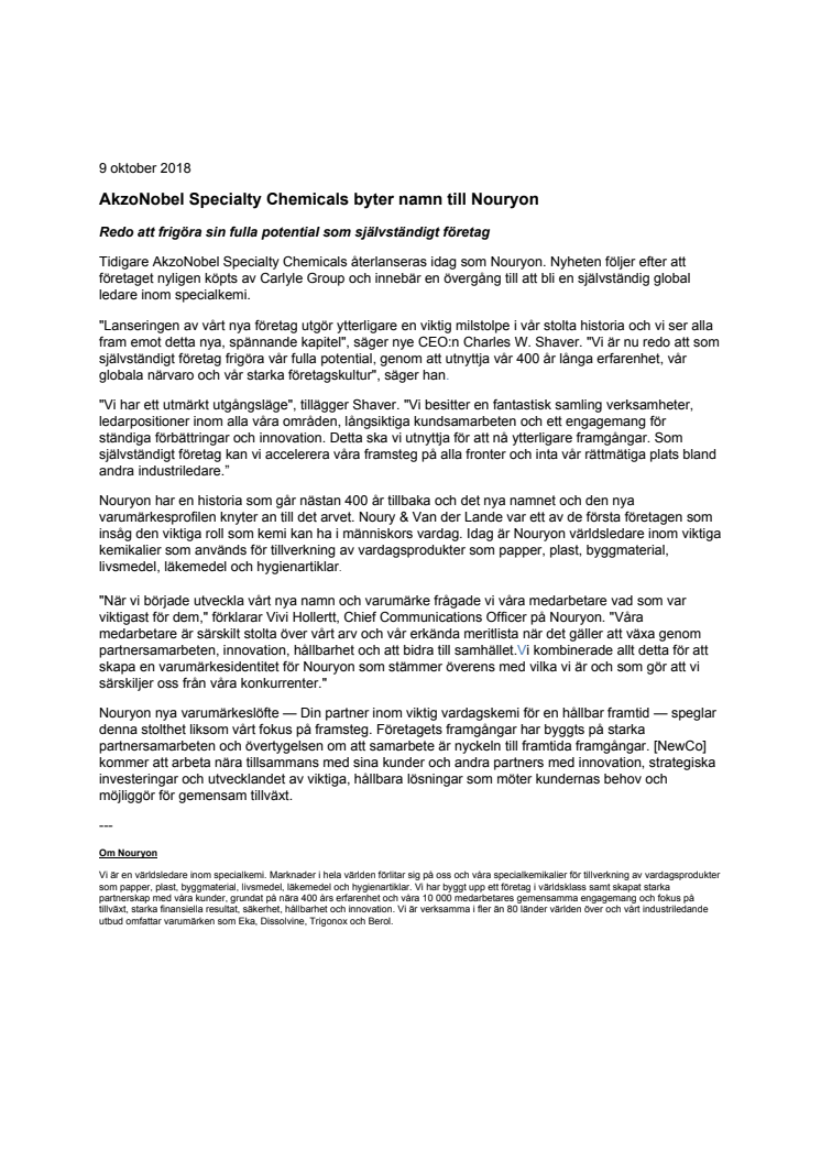 AkzoNobel Specialty Chemicals byter namn till Nouryon
