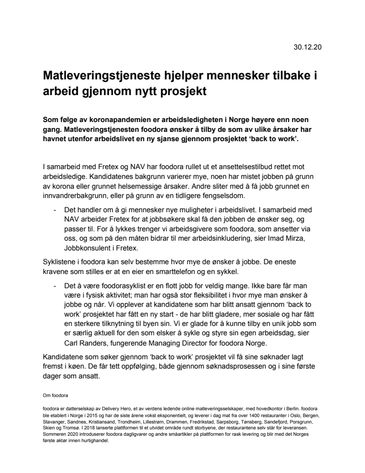 Matleveringstjeneste hjelper mennesker tilbake i arbeid gjennom nytt prosjekt 