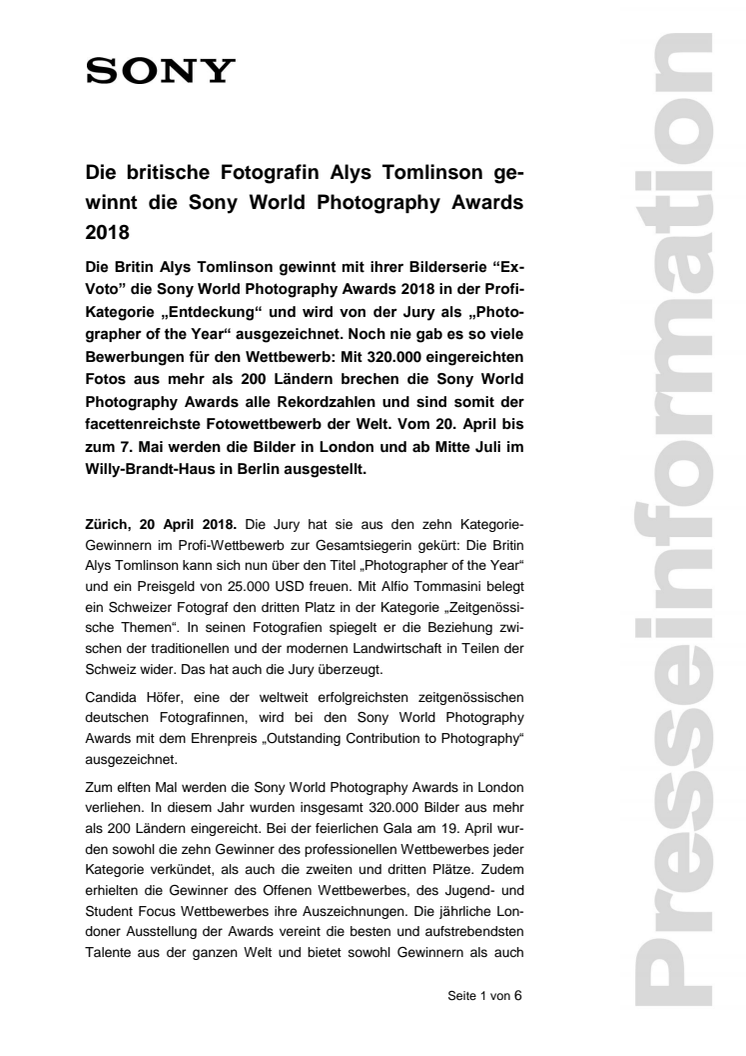 Die britische Fotografin Alys Tomlinson gewinnt die Sony World Photography Awards 2018