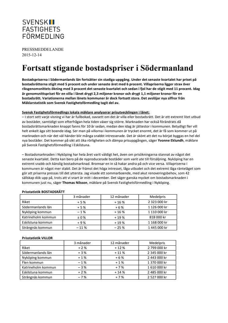 Fortsatt stigande bostadspriser i Södermanland