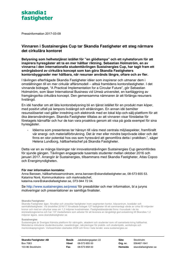 Vinnaren i Sustainergies Cup tar Skandia Fastigheter ett steg närmare det cirkulära kontoret