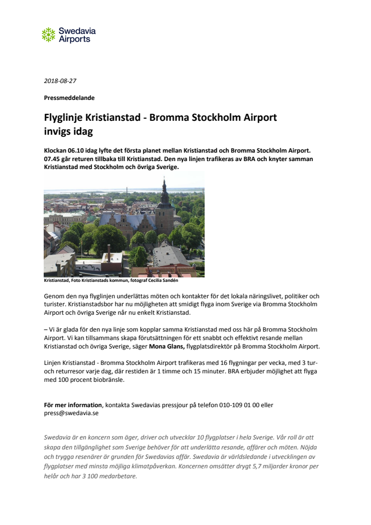 Flyglinje Kristianstad - Bromma Stockholm Airport invigs idag
