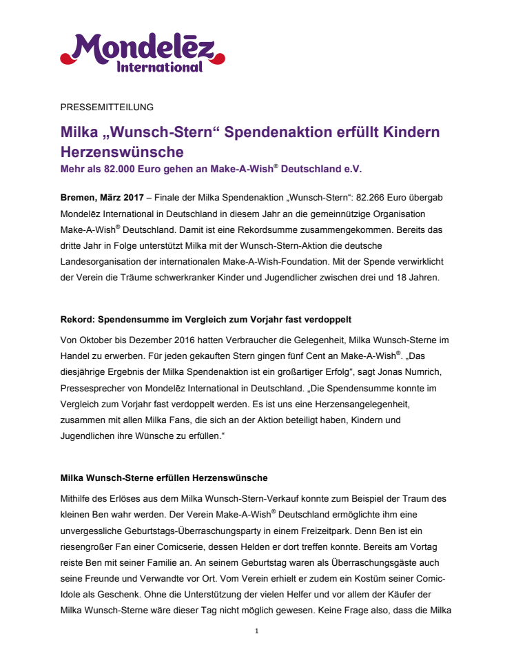 Milka „Wunsch-Stern“ Spendenaktion erfüllt Kindern Herzenswünsche 