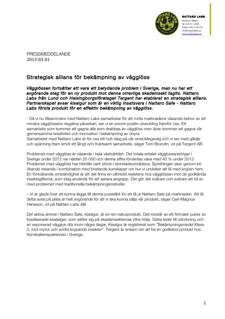 Strategisk allians för bekämpning av vägglöss
