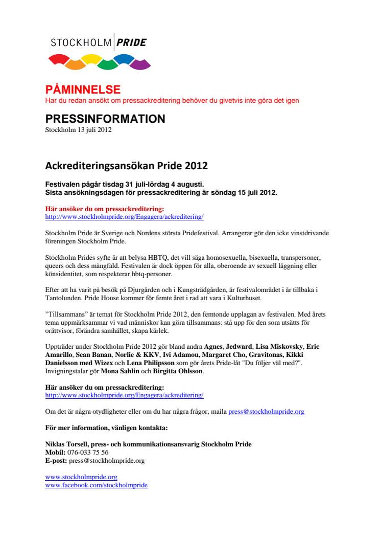 PÅMINNELSE: Ackrediteringsansökan Stockholm Pride 2012