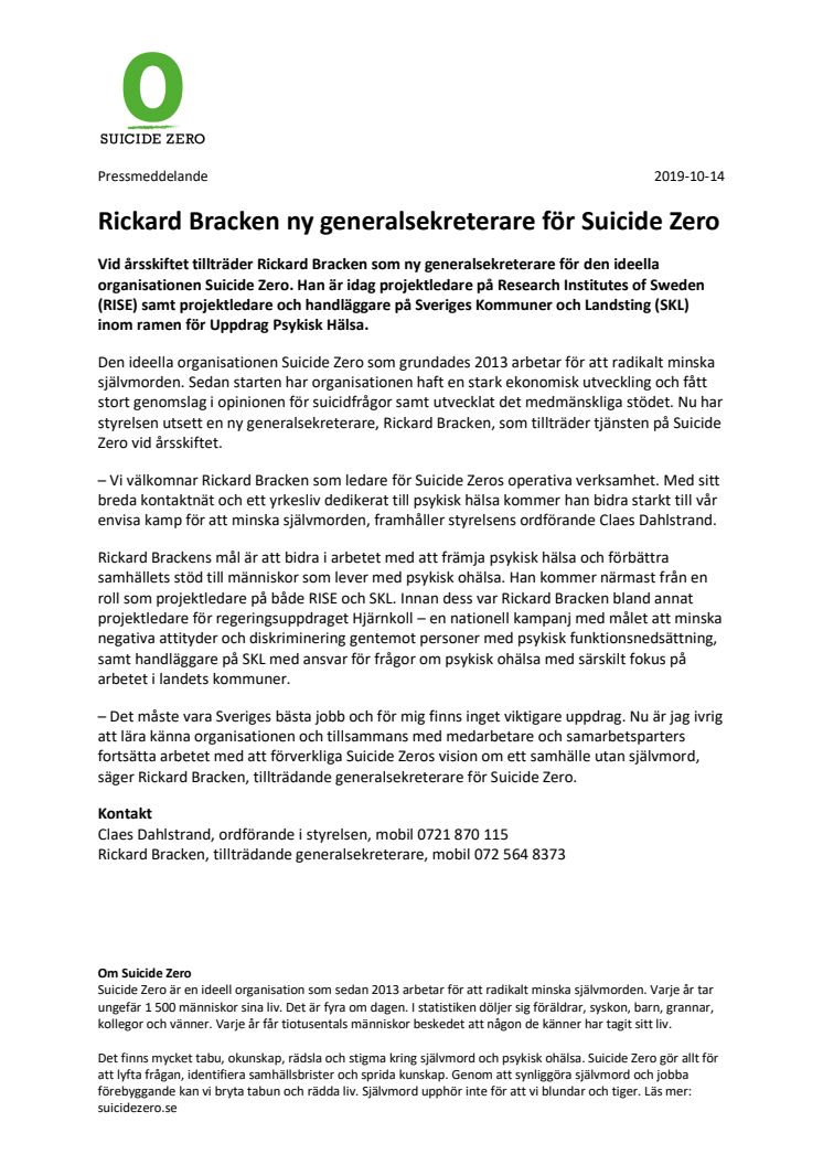 Rickard Bracken ny generalsekreterare för Suicide Zero