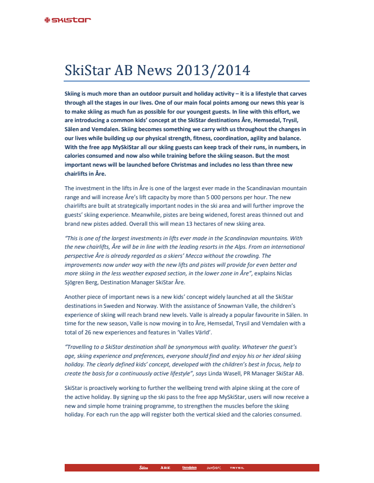 SkiStar AB News 2013/2014