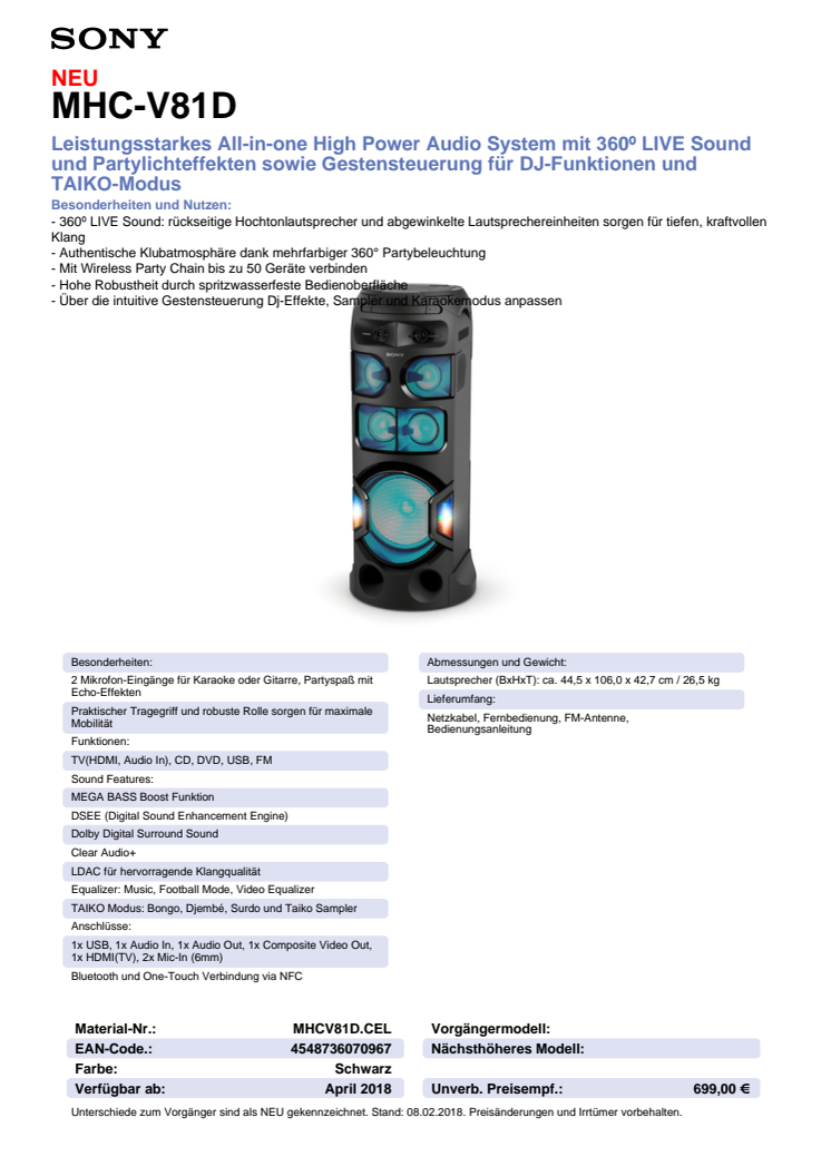 Datenblatt Audio System MHC-V81D von Sony