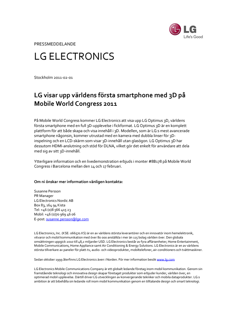 LG visar upp världens första smartphone med 3D på Mobile World Congress 2011  